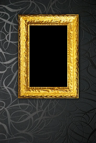 Gouden frame op zwarte vintage wallpaper achtergrond — Stockfoto