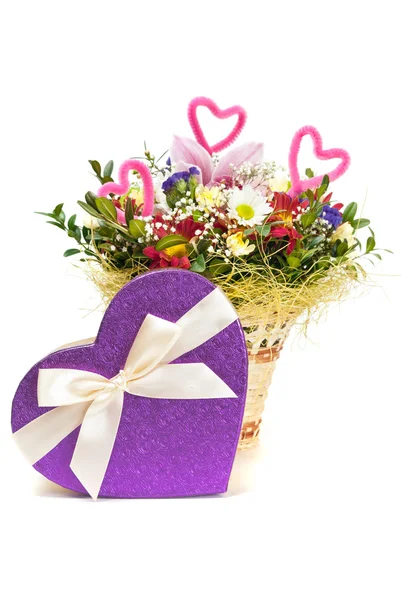 Magnificent bouquet and heart present box on a white background — Stock Photo, Image