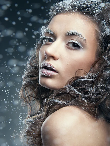 Portrait of young woman with snow make-up. Christmas snow queen — Stock Photo, Image