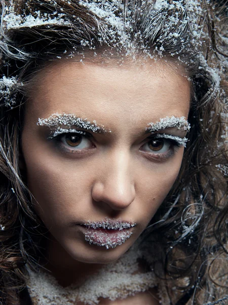 Porträtt av ung kvinna med snö make-up. Christmas snow queen — Stockfoto