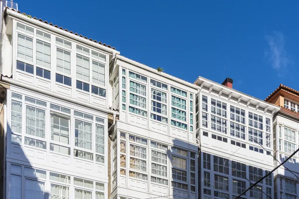 Wooden glazed windows in A Coruna, Galicia, Spain. — Stock Photo, Image