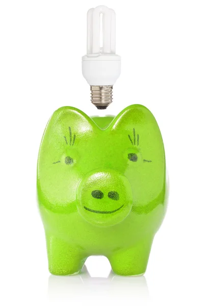 Groene spaarvarken met gloeilamp — Stockfoto