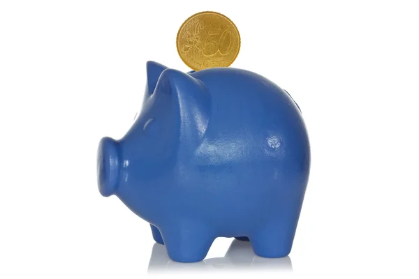 Blue piggy bank with fifty eurocents — Stock Photo, Image