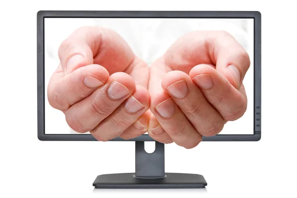 Computer monitor with open palms — Stock Photo, Image