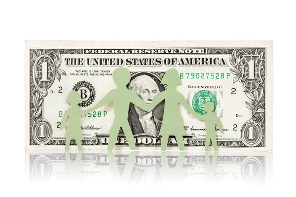 Kağıt aile ve bir dolarlık banknot — Stok fotoğraf