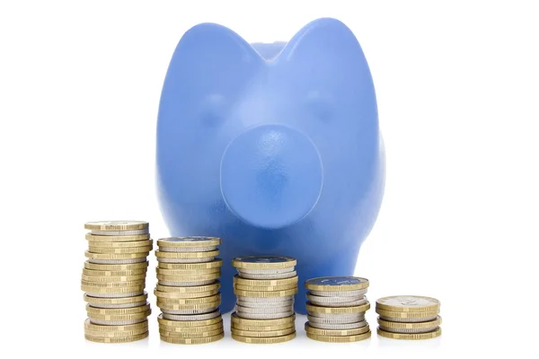Blue piggy bank and money coins stair — Stock Photo, Image