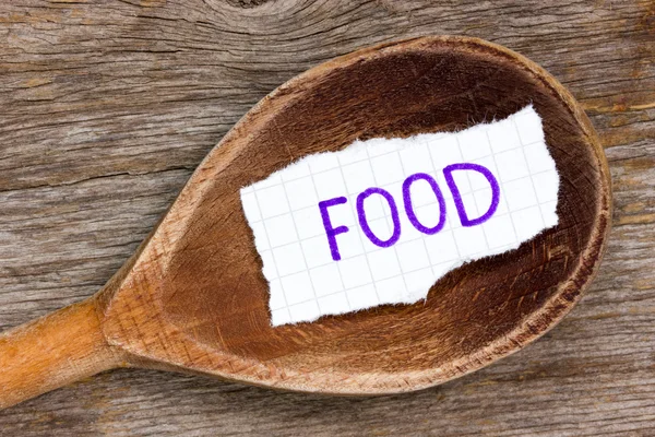 Cuchara de madera con el alimento de la palabra —  Fotos de Stock