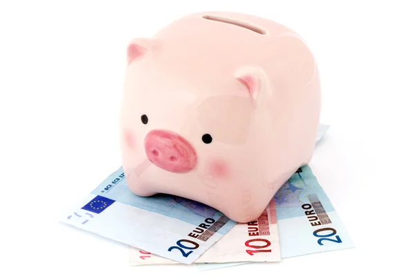 Sparschwein auf den Euro-Scheinen Stockbild