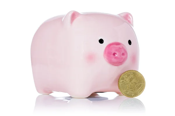Pink piggy bank and fifty Euro cent — Stock Photo, Image