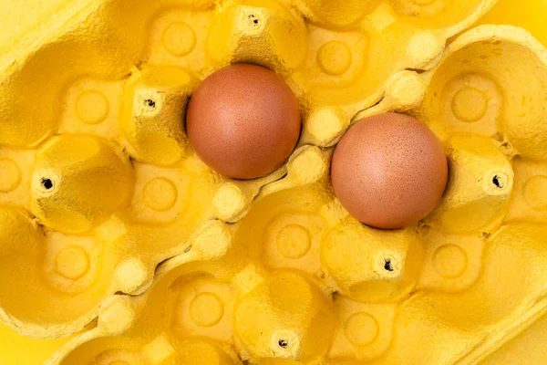 Twee Bruine Eieren Gele Kartonnen Eierdoos Bovenaanzicht — Stockfoto