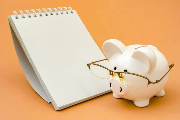 Piggy Bank Wearing Glasses Standing Next Spiral Notebook Copy Space — Stock Photo, Image