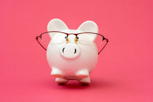 Ceramic Piggy Bank Wearing Glasses Looking Financial Concept — Stock Photo, Image