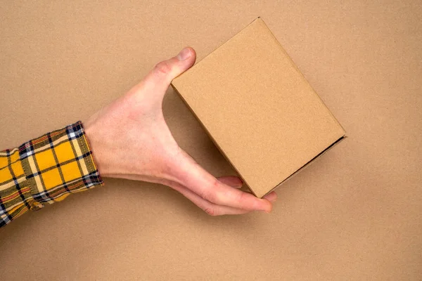 Hand Brown Cardboard Box Packaging Delivery Packaging Mockup Delivery Service — Fotografia de Stock