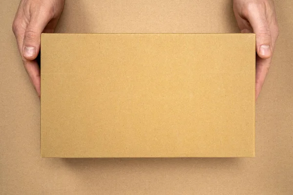 Hands Brown Cardboard Box Packaging Delivery Packaging Mockup Delivery Service — Stock Photo, Image