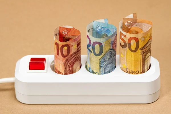 Euro Money Banknotes Inserted Extension Socket Increasing Cost Electricity Business — Stock Photo, Image