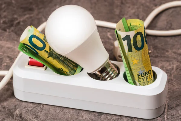 Euro Money Led Light Bulb Inserted Extension Socket Increasing Cost — Stok fotoğraf