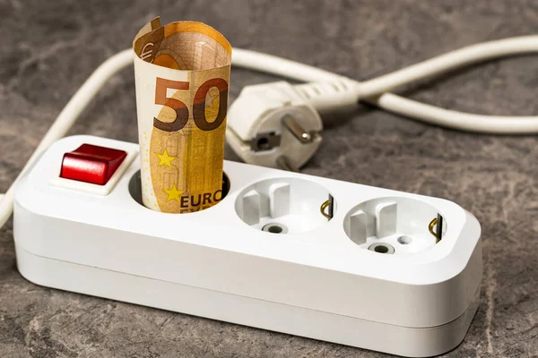 Fünfzig Euro Schein Ein Verlängerungsfass Gesteckt Steigende Stromkosten Für Geschäfts — Stockfoto
