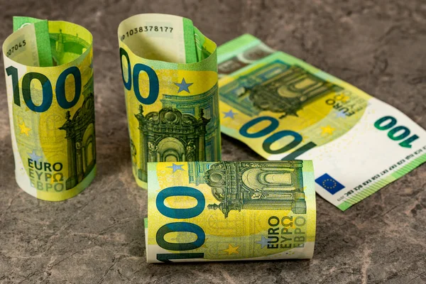 Währung Der Europäischen Union 100 Euro Banknoten Auf Grauem Stein — Stockfoto