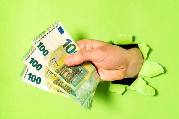 Businessman Breaking Green Paper Bunch Euro Bills Hand Closeup — Stock Photo, Image