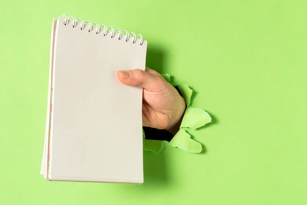 Mão Com Caderno Espiral Através Buraco Parede Papel Verde Espaço — Fotografia de Stock