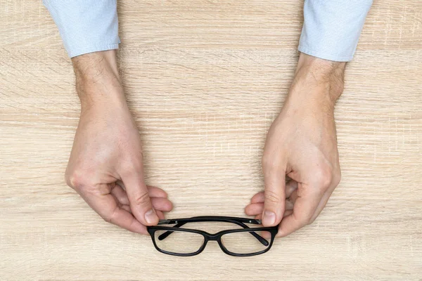 Hands Holding Eyeglasses Glasses Selection Eye Test Vision Examination Top — Stock Photo, Image