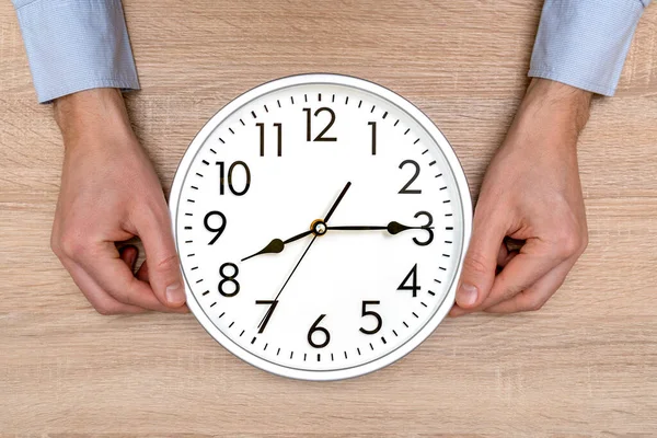 Male Hands Holding Wall Clock Time Management Concept — Stock Photo, Image