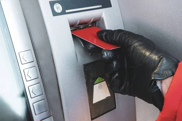 Person Insert Plastic Credit Card Street Atm Bank Withdrawing Money — Stock Photo, Image