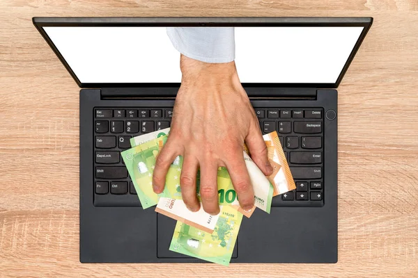 Kéz Kinyúl Laptop Képernyőjén Hogy Pénzt Lopjon Pénzt Lopni Egy — Stock Fotó
