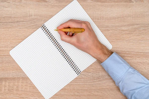 Top View Mockup Template Men Hand Writing Pen Spiral Notebook — Stock Photo, Image