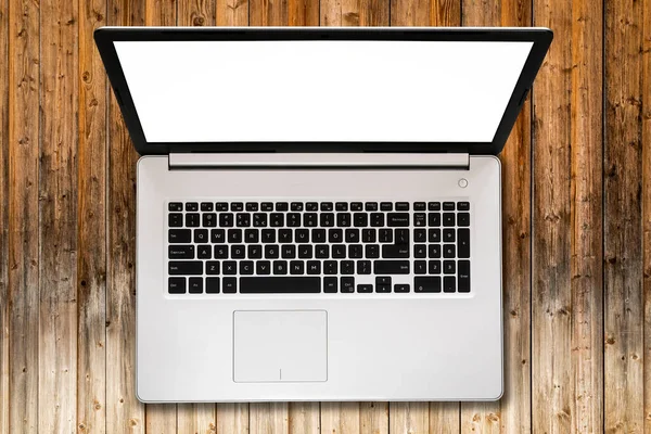 Laptop Blank Screen Wooden Table Top View Copy Space — Stock Photo, Image