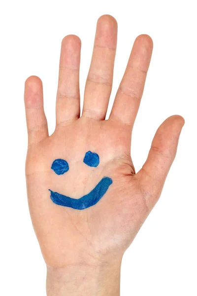 Blue Smiling Face Drawn Child Palm Isolated White Background — ストック写真