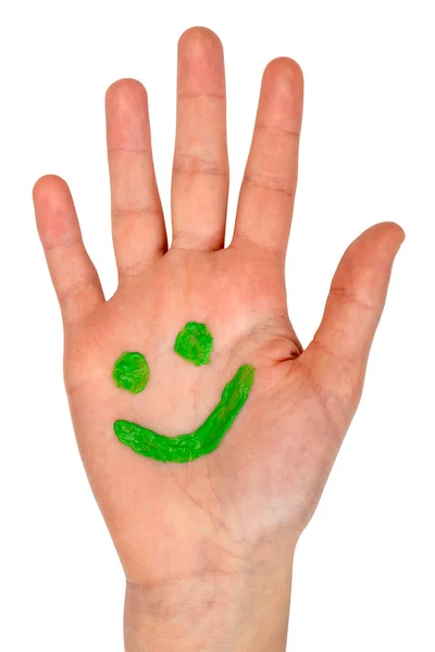 Green Smiling Face Drawn Child Palm Isolated White Background — 스톡 사진