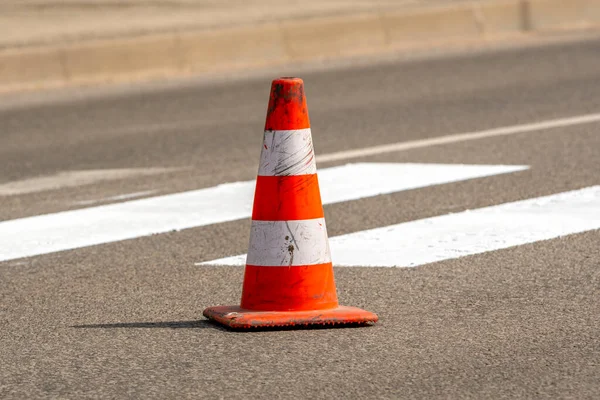 Traffic Cone Orange White Stripes Standing Street Gray Asphalt Road 로열티 프리 스톡 이미지