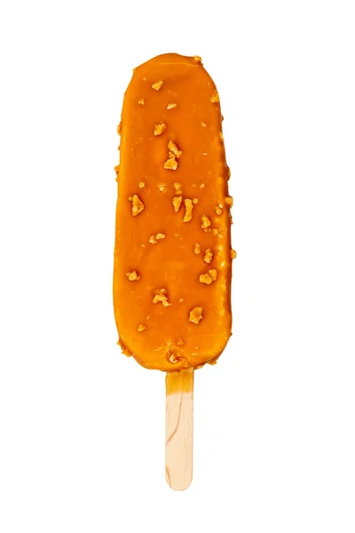 Ice Cream Stick Caramel Glaze Nuts Isolated White Background — 스톡 사진