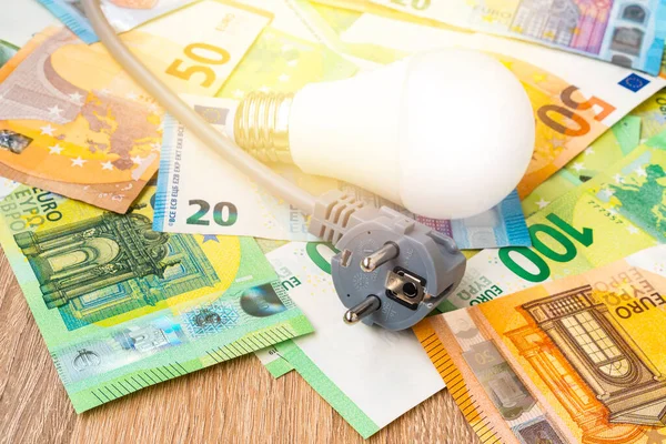 Electric Plug Lightbulb Euro Banknotes Increasing Electricity Cost Residential Customers — Stockfoto