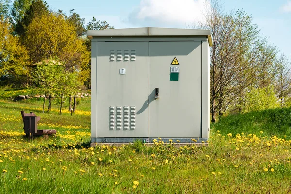 Outdoor Electric High Voltage Distribution Cabinet Public Park Blooming Dandelions — Fotografia de Stock