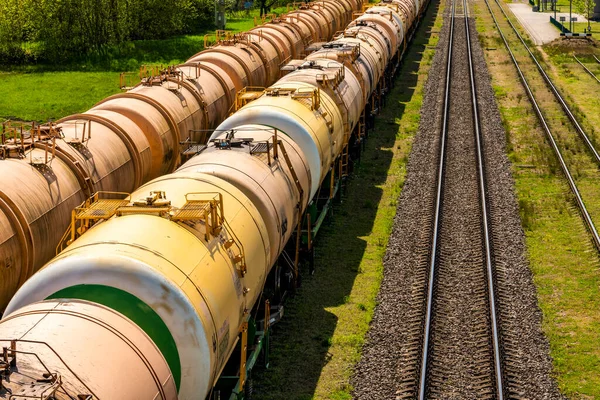 Cargo Trains Transporting Liquid Fuel Depot Set Tanks Oil Fuel — стоковое фото