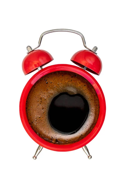 Ρετρό Κόκκινο Ξυπνητήρι Μαύρο Καφέ Στη Μέση Έννοια Του Χρόνου — Φωτογραφία Αρχείου