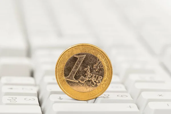 One Euro Coin White Computer Keyboard Background Close View — Stock Photo, Image