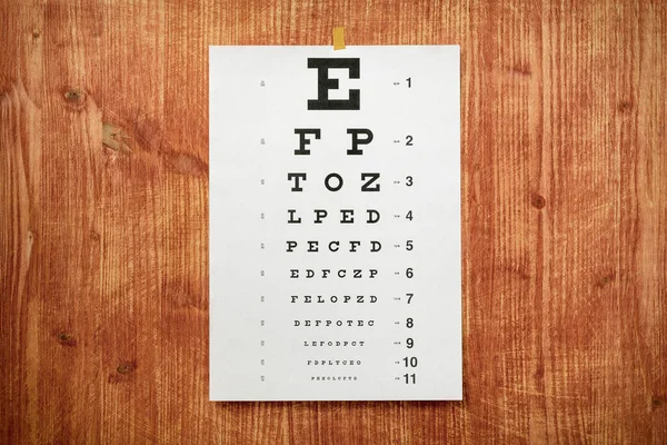 Eye test chart - white optometry chart on the wooden wall