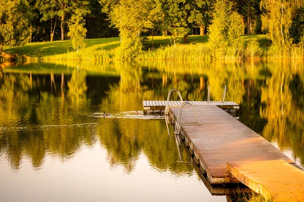 Empty Wooden Pier Quiet Lake Sunny Summer Morning — Photo