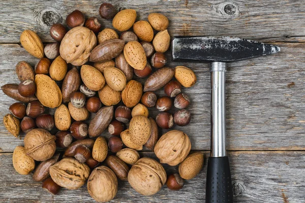 Hammer Pile Various Nuts Wooden Background Nuts Healthy Nutritious Food — 스톡 사진