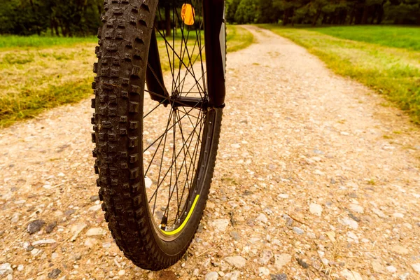 Concept Photo Detail Bicycle Wheel Forest Dirty Track — Zdjęcie stockowe