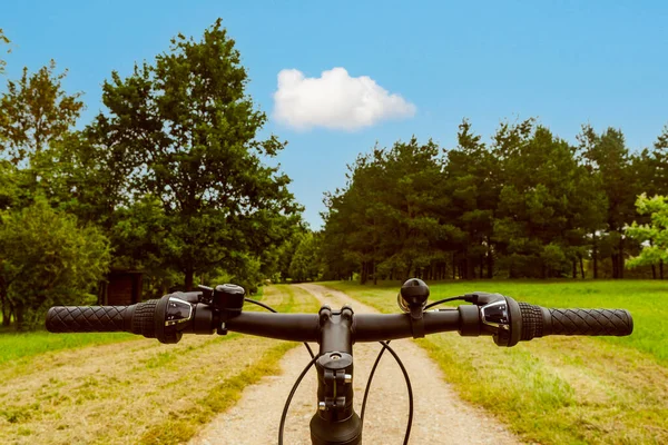 Велосипедний Кермо Лісовій Брудній Доріжці Самотньою Хмарою Небі Вид Очей — стокове фото