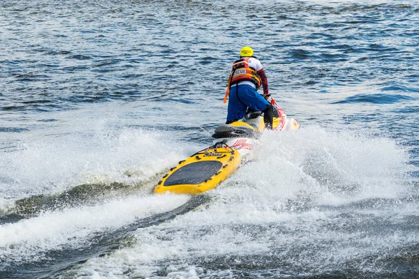 Kupiskis Lithuania 2022 Rescuer Life Vest Rides Water Scooter Water — Zdjęcie stockowe