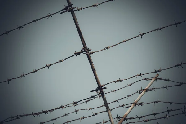 Barbed Wire Fence Dramatic Dark Sky Concept Boundary Prison War — Stock fotografie