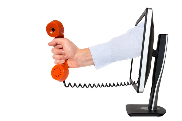 Hand Phone Receiver Coming Out Computer Monitor Customer Service Concept — Fotografia de Stock