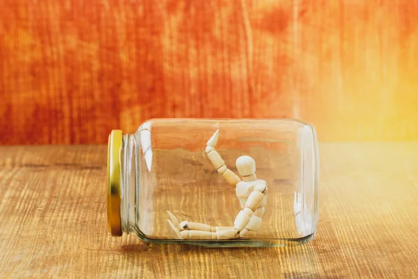 Dummy Sitting Alone Glass Jar Social Distance Preventing Infection Concept —  Fotos de Stock