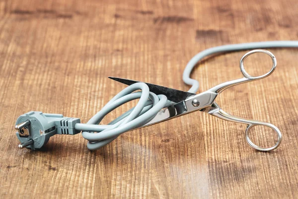 Electricity Saving Concept Cutting Electrical Cable Scissors High Electricity Prices — Stockfoto