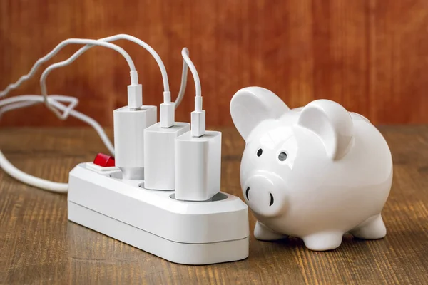 Electricity, energy crisis and power consumption concept - close-up of piggy bank and electric extension cord
